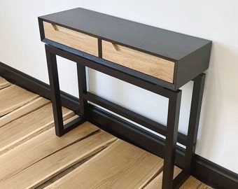 Narrow black console with drawers, modern white oak small hall table, handmade furniture, solid wood entryway table.