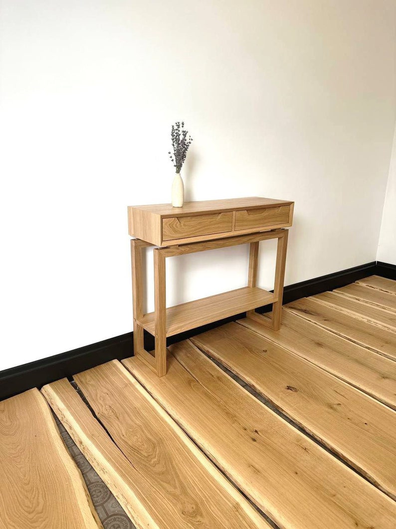 Konsolbord med hylla, konsolbord med smal ingång och lådor, massiv ek från mitten av århundradet, modernt konsolbord i trä bild 5