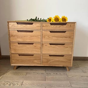 handmade solid wood dresser modern narrow oak dresser with drawers, mid century bedroom furniture in natural wood