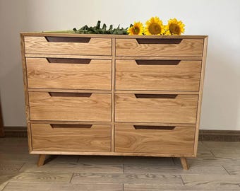 handmade solid wood dresser modern narrow oak dresser with drawers, mid century bedroom furniture in natural wood