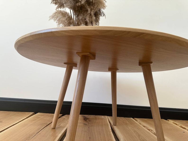 large round coffee table, scandinavian solid white oak wood side table, wooden mid century modern table, handmade furniture low circular image 3