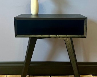 Mesita de noche negra de estilo moderno de mediados de siglo, mesita de noche de roble, muebles escandinavos, mesita de noche pequeña minimalista para dormitorio (juego de 2)