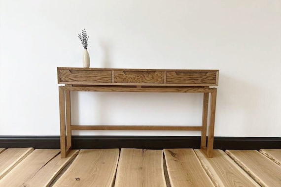 Console table with drawers mid century,narrow wooden handmade console,modern oak desk entry living room