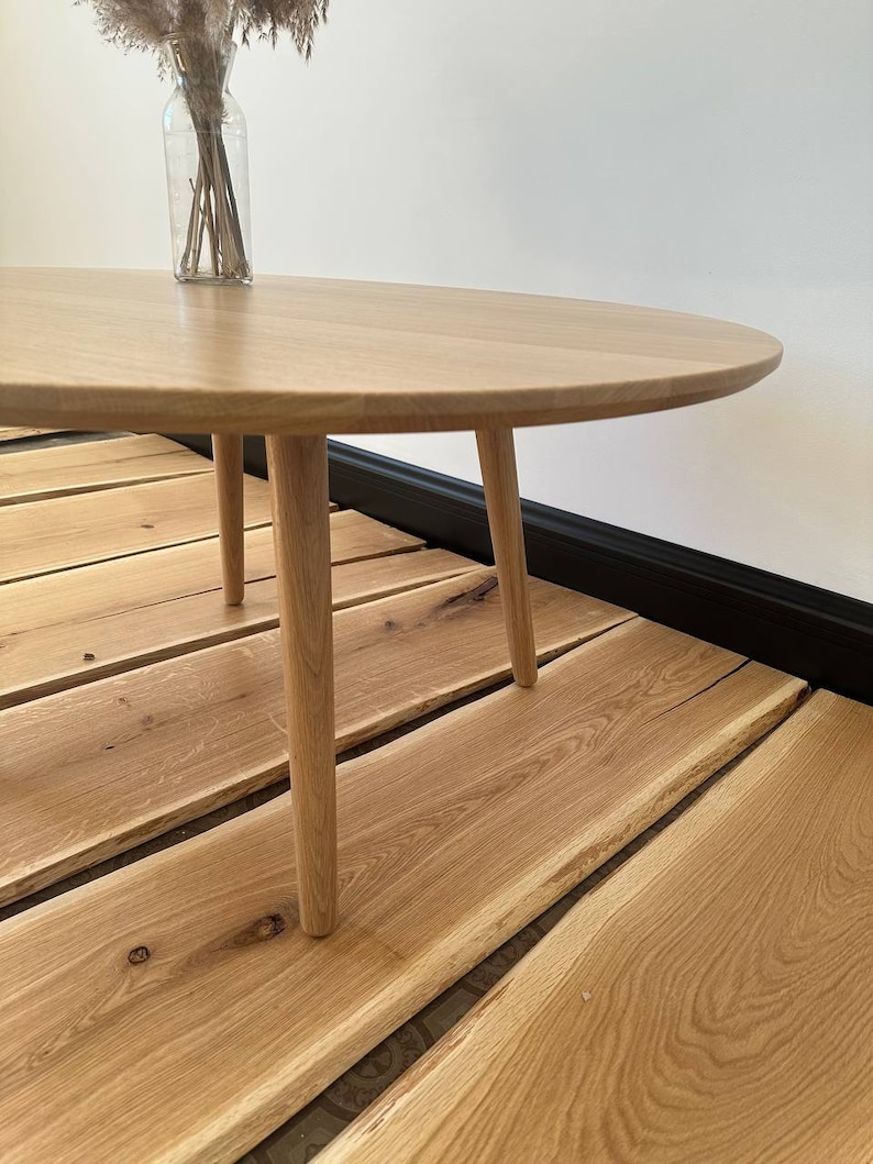large round coffee table, scandinavian solid white oak wood side table, wooden mid century modern table, handmade furniture low circular image 9