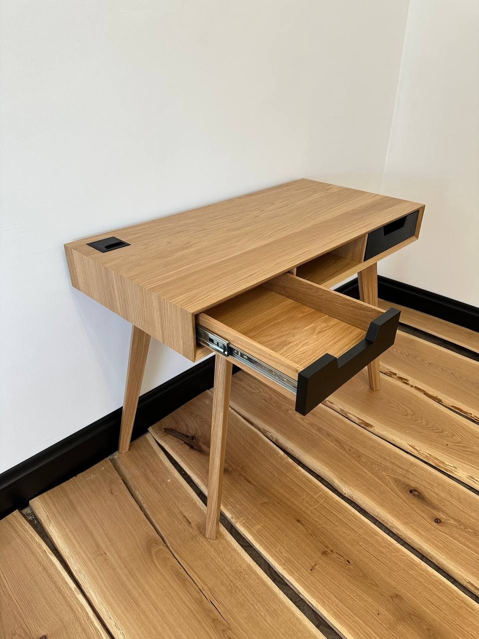 Wood desk with drawers, small office solid oak modern desk, writing work  table.