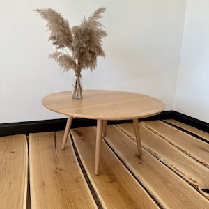 large round coffee table, scandinavian solid white oak wood side table, wooden mid century modern table, handmade furniture low circular image 7
