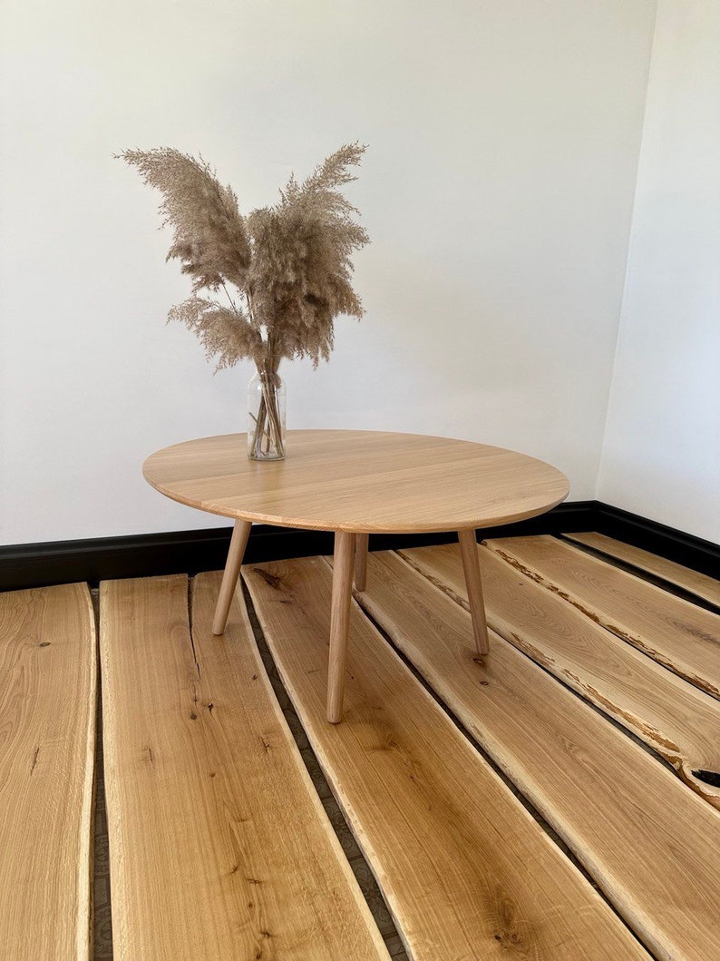 large round coffee table, scandinavian solid white oak wood side table, wooden mid century modern table, handmade furniture low circular image 7