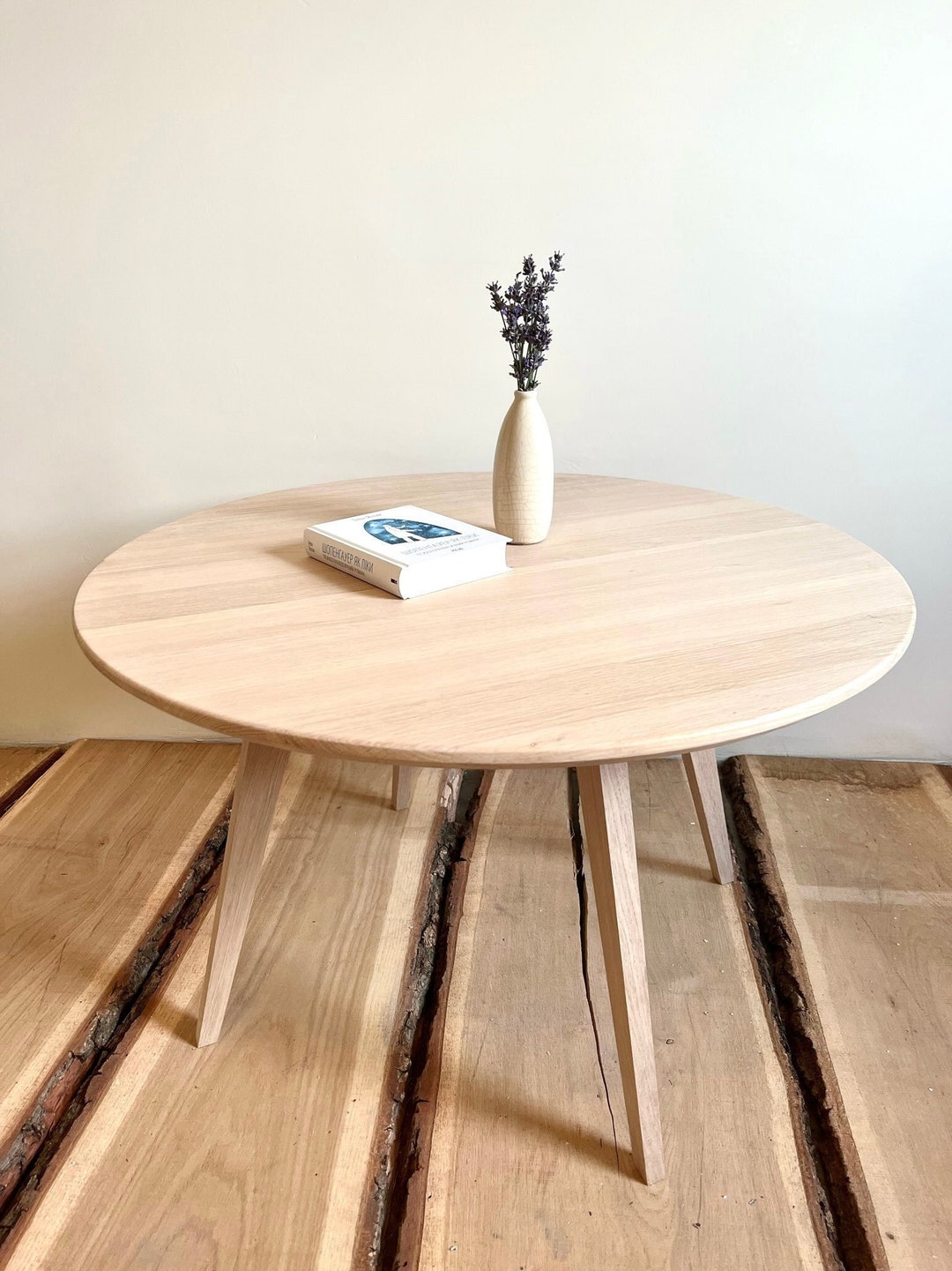 Round Solid Wood Oak Coffee Table, Rustic Circle Coffee Table, Mid ...