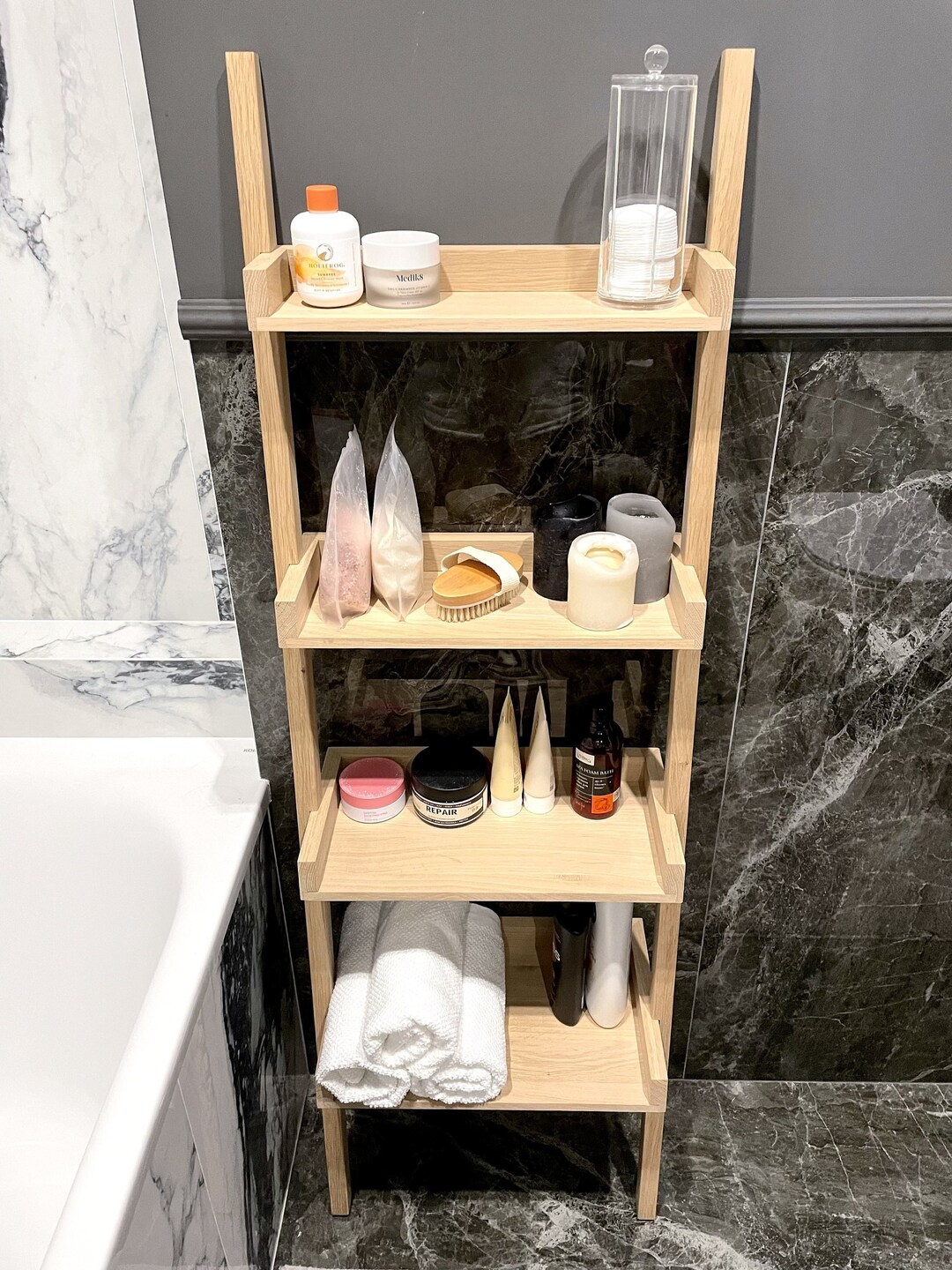 Wooden White Oak Ladder Shelf Corner Montessori Shelves Etsy