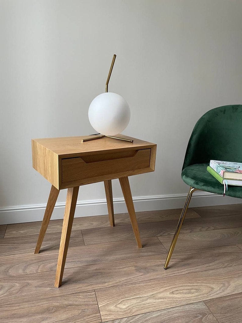 modern nightstand with drawer, solid oak wood image 1