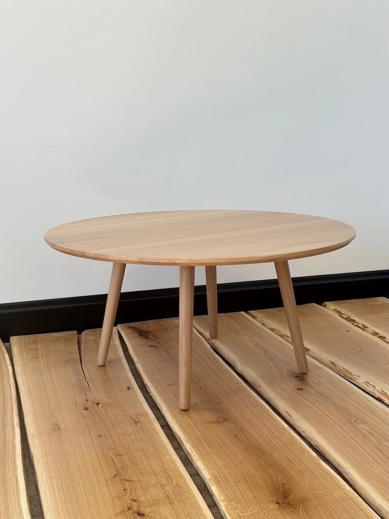 large round coffee table, scandinavian solid white oak wood side table, wooden mid century modern table, handmade furniture low circular image 1