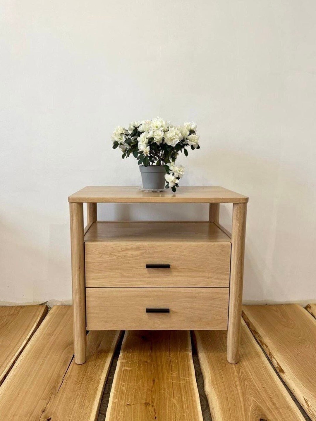 White Oak Bedside Table With Drawers and Shelf, Solid Wood Nightstand