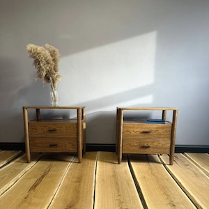 Nightstand set of 2 with drawers solid oak, handmade wooden nightstand,mid century modern live edge nighstand