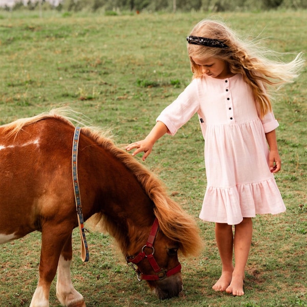 Girls Muslin Long Sleeve Dress organic Cotton  PINK button front dress baby muslin clothes summer 2023 new best summer dress Sommerkleid