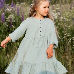 Girls Muslin Long Sleeve Dress, Cotton OLD Green or pink, button dress muslin clothes summer 2023 dress new best summer dress Sommerkleid image 8