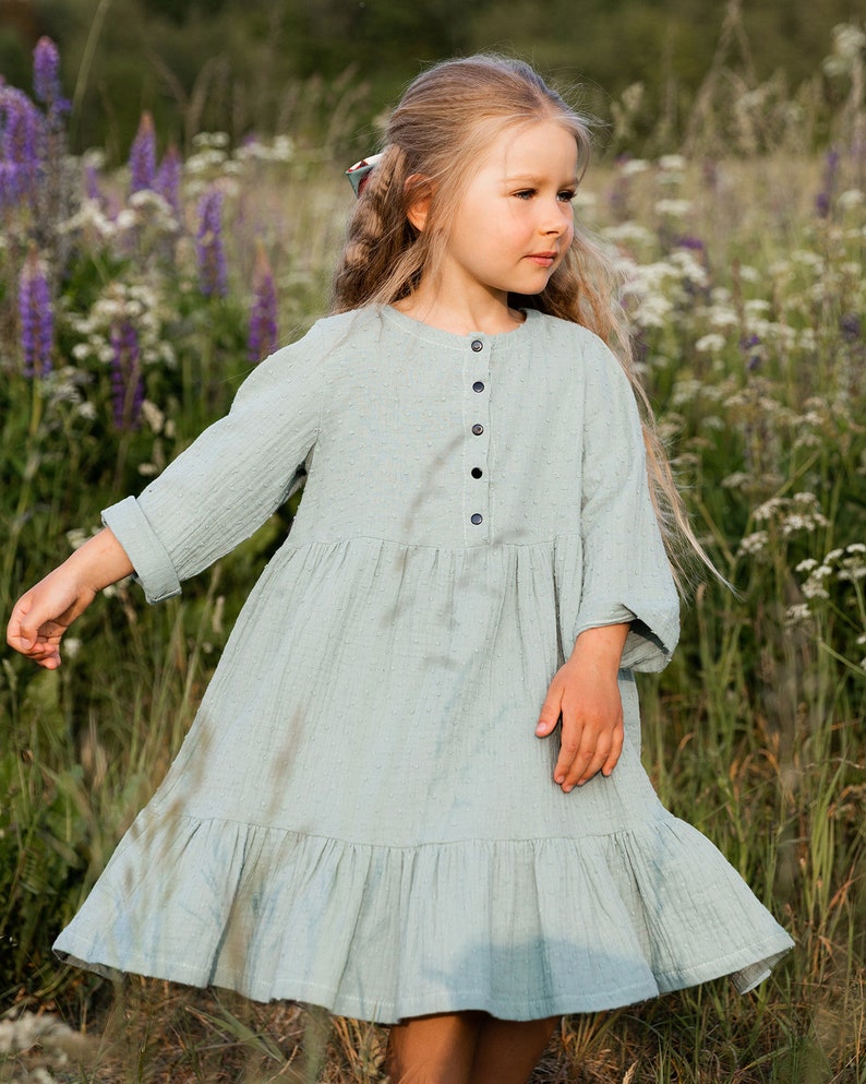 Girls Muslin Long Sleeve Dress, Cotton OLD Green or pink, button dress muslin clothes summer 2023 dress new best summer dress Sommerkleid image 8