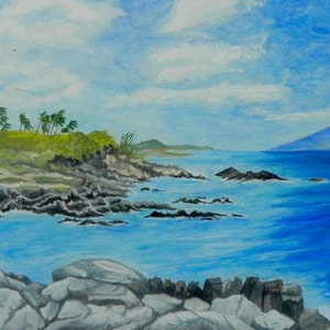 Original Landscape Painting in  Gouache-Watercolor of the island of Maui at Kapalua rocky beach