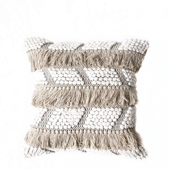 Bohemian Fringe Throw Pillow Boho Throw Pillow Beige Etsy