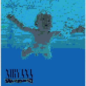 May include: A pixelated image of a person swimming underwater. The person is silhouetted against a blue and green background. The text "NIRVANA" is printed in black at the bottom of the image.