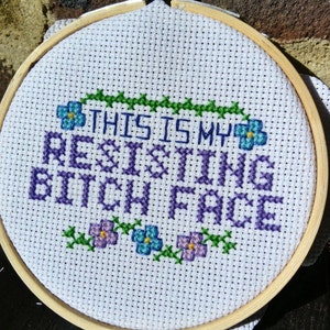 抵抗するビッチフェイスクロスステッチPDFパターン、フェミニスト刺繍、フェミニストへの贈り物、フェミニスト工芸品、活動家への贈り物、抗議工芸品