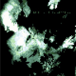 May include: A close-up of a green and white abstract painting with a swirling, cloud-like design.