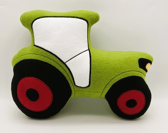 Cuddly cushion tractor, customizable, fleece dark green / red rims, approx. 40x28x12cm