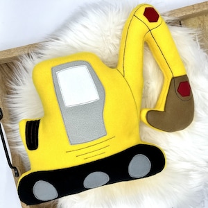 Cuddly pillow excavator, customizable, yellow fleece, approx. 42x33x13cm image 1