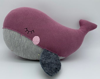 Personalizable cuddly toy whale, cotton, old pink, approx. 29 x 23 cm