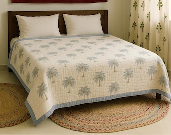 Hand Block Printed Cotton Quilt: King/Queen Bohemian Bedding