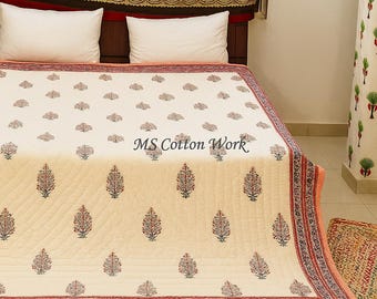 Hand Block Printed Cotton Kantha Quilt: Floral Queen Size Bedding