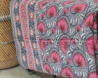 Hand Block Printed Cotton Quilt: Pink Floral Blanket Bedspread