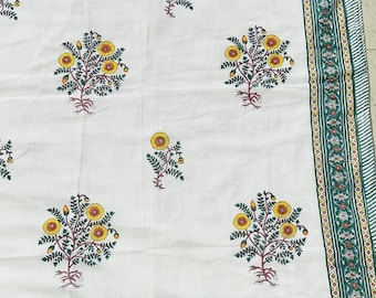 Handmade Floral Block Print Cotton Quilt: Reversible Indian Razai Throw