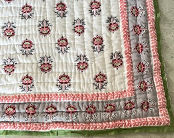Hand Block Print Queen Quilt: Artisan Floral Cotton Bedding