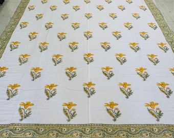 Yellow Floral Block Print Cotton Dohar: Reversible Indian Quilt