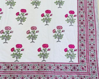 Handmade Indian Quilt: Pink Floral Block Print Cotton Dohar