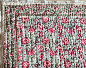 Hand Stitched Block Print Quilt: Natural Cotton Bedding