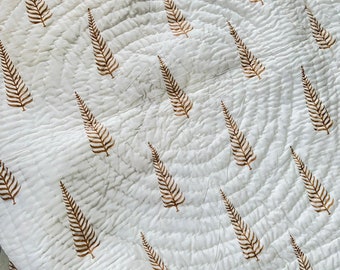 Hand Block Print Cotton Quilt: Winter Oak Tree Design, 90x108