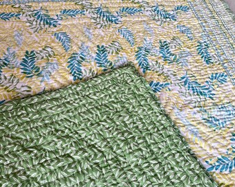 Hand Block Print Cotton Quilt, Botanical Blanket, Handmade in Jaipur