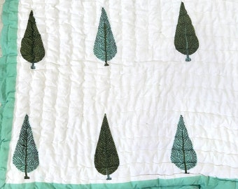 Handmade Block Print Cotton Quilt: Green Oak Tree Design (90x108")