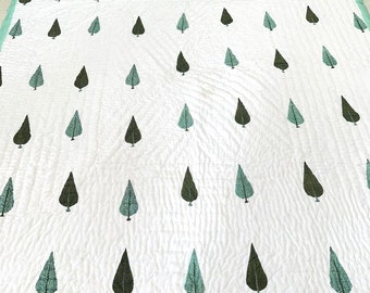 Handmade Block Print Cotton Quilt: Green Christmas Tree Design