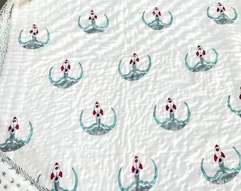 Handmade Baby Quilt: Rocket Block Print Cotton Comforter (40x40, 40x60)