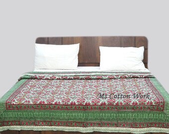 Hand Block Printed Cotton Quilt: Floral Jaal White Blanket Bedspread