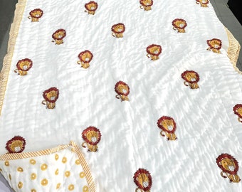 Handmade Block Print Baby Quilt: Jungle Safari Lion Cotton Comforter