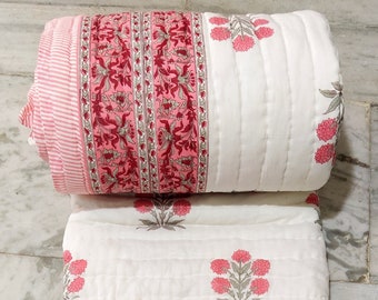 Hand Block Print Cotton Quilt: Floral Kantha Bedspread