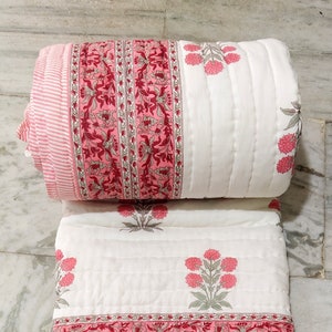 Hand Block Print Cotton Quilt: Floral Kantha Bedspread