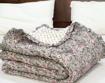 Hand Block Printed Cotton Quilt, Fringe Tassels, Floral Butta Design