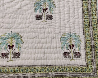 Elephant Tree Quilt: Hand Block Print Cotton Comforter, Jaipuri Design