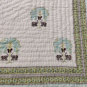 Elephant Tree Quilt: Hand Block Print Cotton Comforter, Jaipuri Design