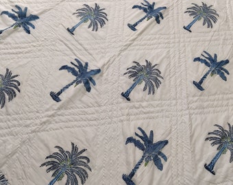 Blue Palm Tree Hand Block Print Quilt: Lightweight Cotton Bedding