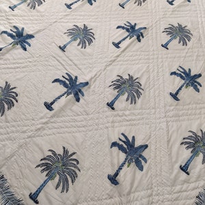 Blue Palm Tree Hand Block Print Quilt: Lightweight Cotton Bedding